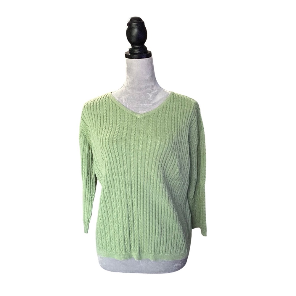 Austin Clothing‎ Co. Womens Green Cable Knit V Neck 3/4 Sleeve Sweater